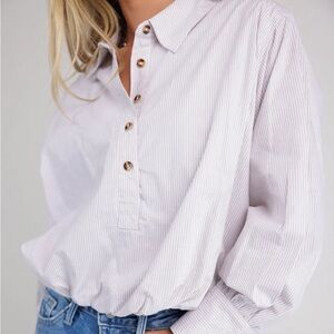 BOHME - RAYNA STRIPED COLLARED TOP IN TAUPE